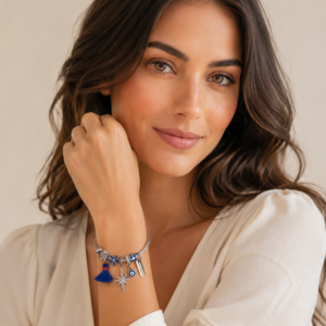 Blue Tassel Pandora-Style Rhodium Mix Charm Bracelet