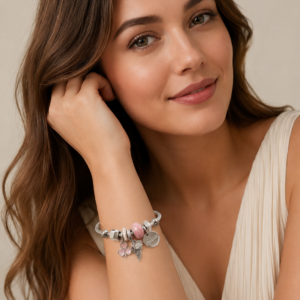 Pink Clover Pandora-Style Rhodium Mix Charm Bracelet