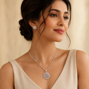 Silver Spiral American Diamond Pendant Set