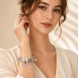 Pink Butterfly Pandora-Style Rhodium Mix Charm Bracelet