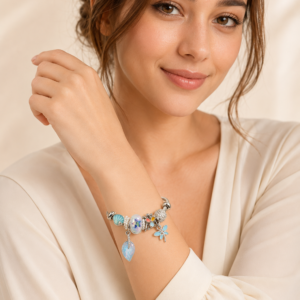 Blue Dragonfly Pandora-Style Rhodium Mix Charm Bracelet