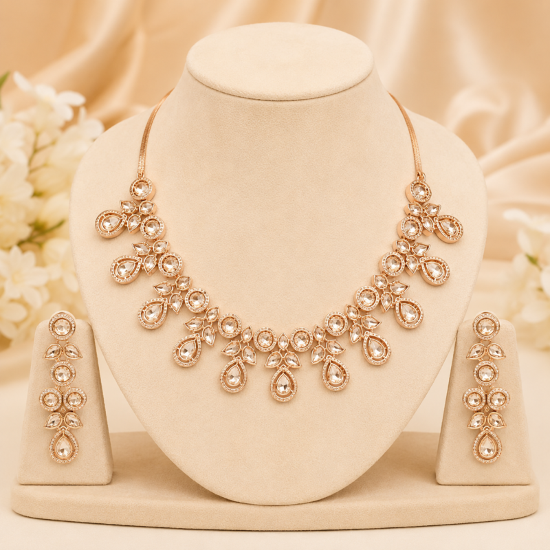 AuraShynee gold plated crystal teardrop necklace set with matching earrings