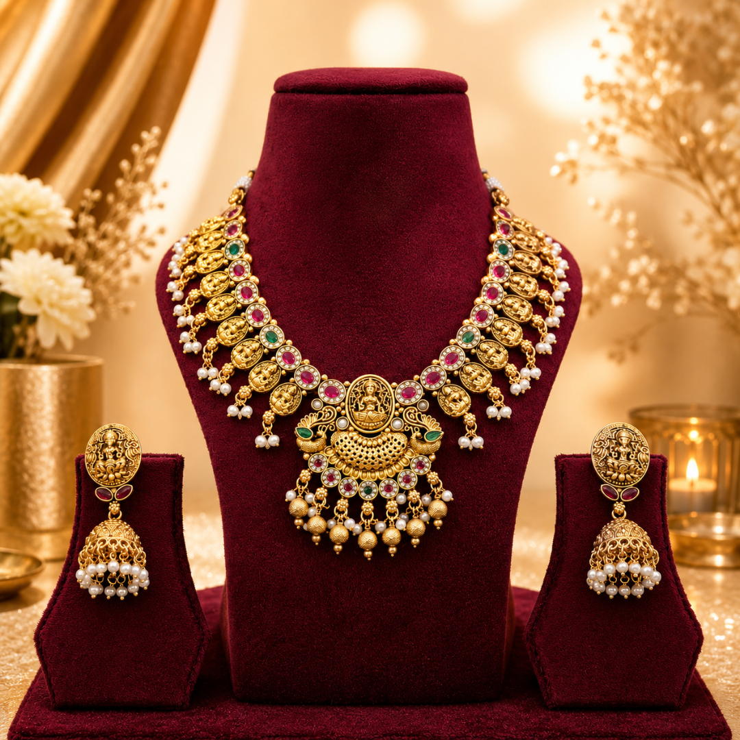 Aura Divine Heritage gold-plated brass necklace set with matching earrings